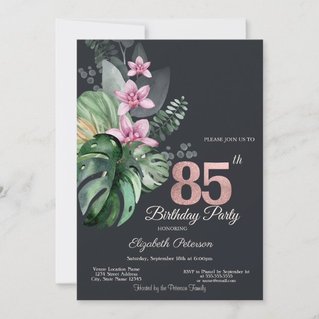 Tropiska blommor Mörk 85-årsdag Inbjudningar (Framsida)