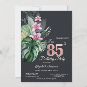 Tropiska blommor Mörk 85-årsdag Inbjudningar