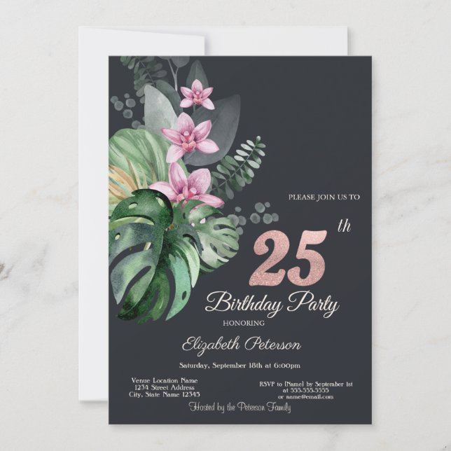 Tropiska blommor Mörkt 25-årsdag Inbjudningar (Framsida)