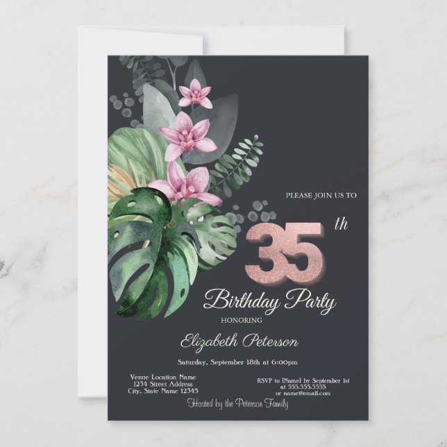 Tropiska blommor Mörkt 35-årsdag Inbjudningar (Framsida)