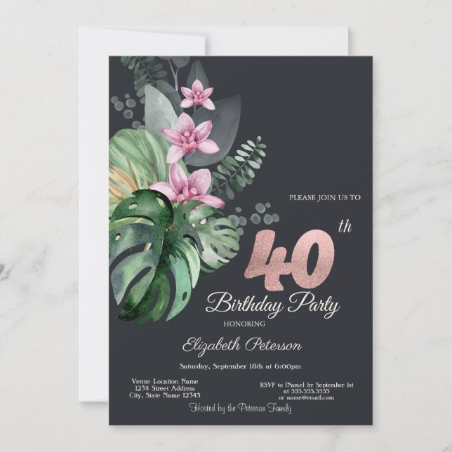 Tropiska Blommor Mörkt 40-årsfirande Inbjudningar (Framsida)