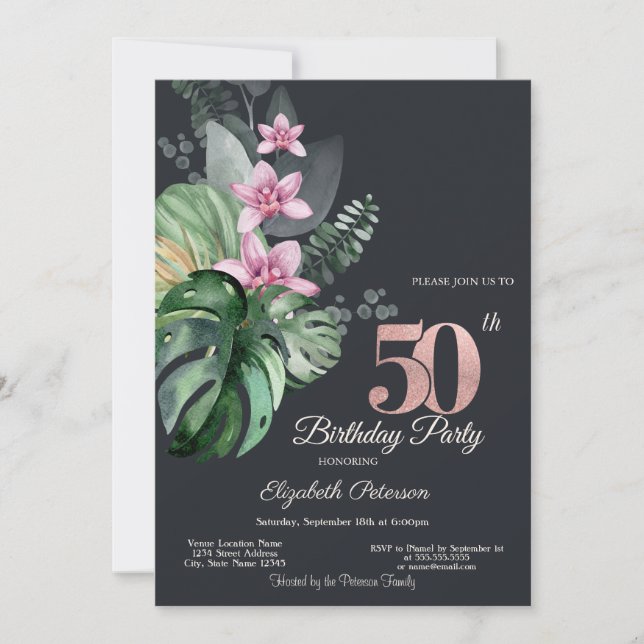 Tropiska Blommor Mörkt 50-års Födelsedag Inbjudningar (Framsida)