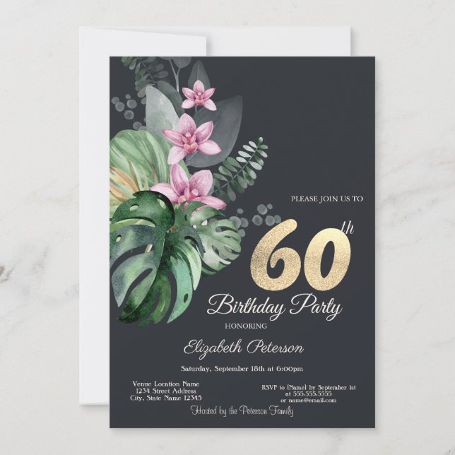 Tropiska Blommor Mörkt 60-årsfirande Inbjudningar (Framsida)