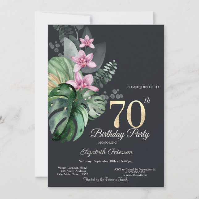 Tropiska blommor Mörkt 70-årsfirande Inbjudningar (Framsida)