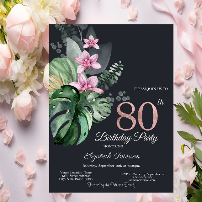 Tropiska blommor Mörkt 80-årsdag Inbjudningar (Skapare uppladdad)