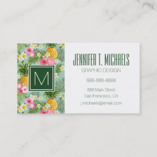 Tropiska blommor och ananas  Monogram Visitkort