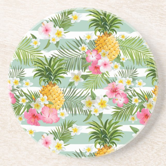 Tropiska blommor och ananas på Teal Rand Underlägg (Framsidan)