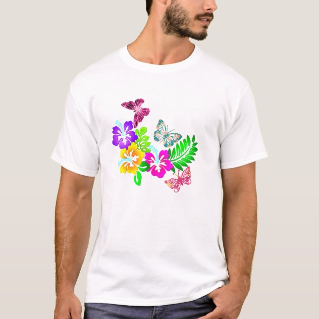 Tropiska blommor och bläckfisk t shirt (Framsida)