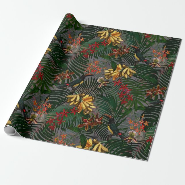 Tropiska blommor och fågeldjungel mönster presentpapper (Utrullad)