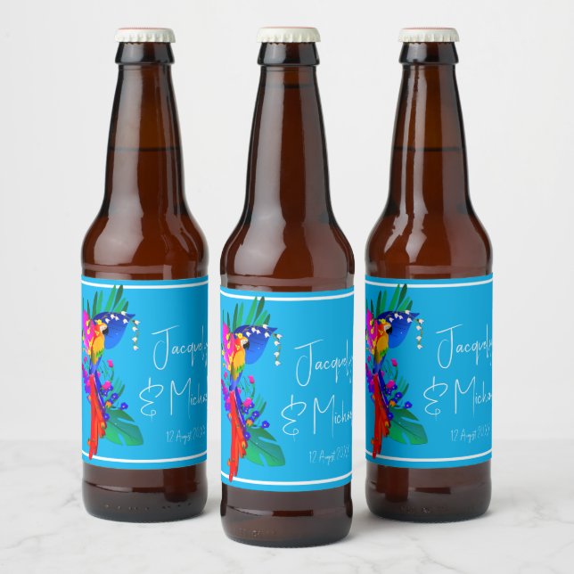 Tropiska blommor och färgglad papegoja ölflaska etikett (Flaskor)