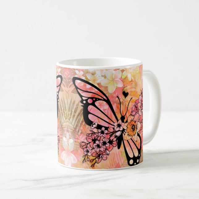 Tropiska blommor och fjärilskonst - Vibrant Blommi Kaffemugg (Framsida höger)