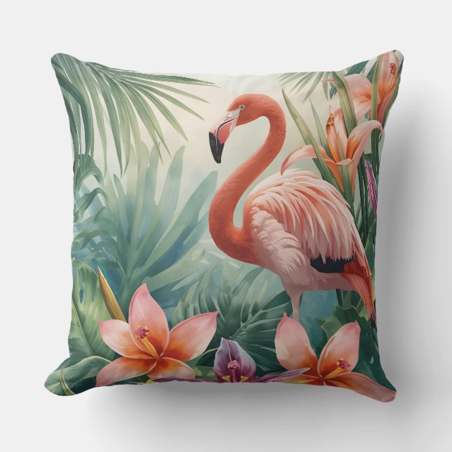 Tropiska blommor och flamingo kudde (Framsida)
