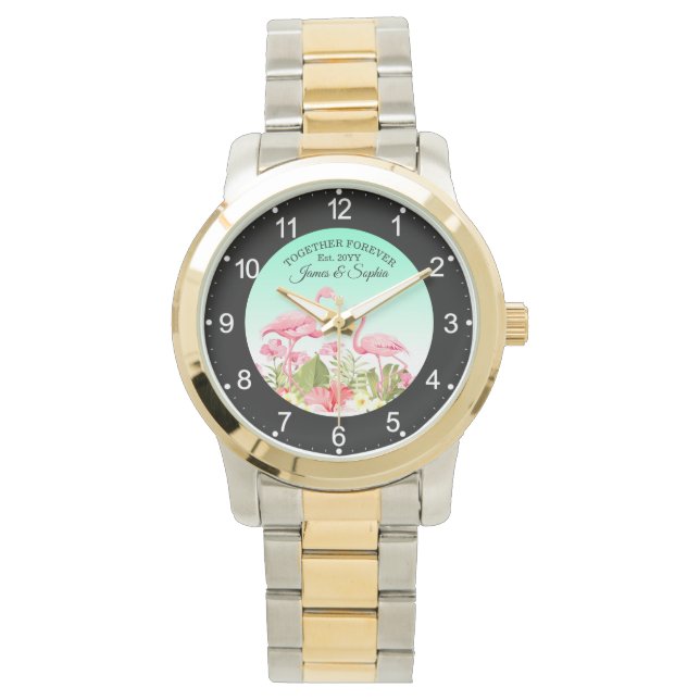 Tropiska blommor och flamingodesign armbandsur (Framsida)