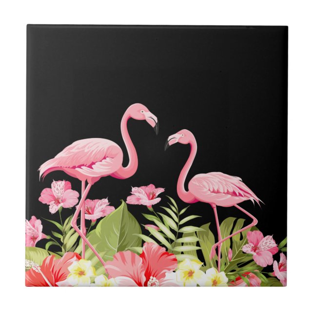 Tropiska blommor och flamingodesign kakelplatta (Framsidan)