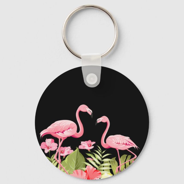Tropiska blommor och flamingodesign nyckelring (Framsida)
