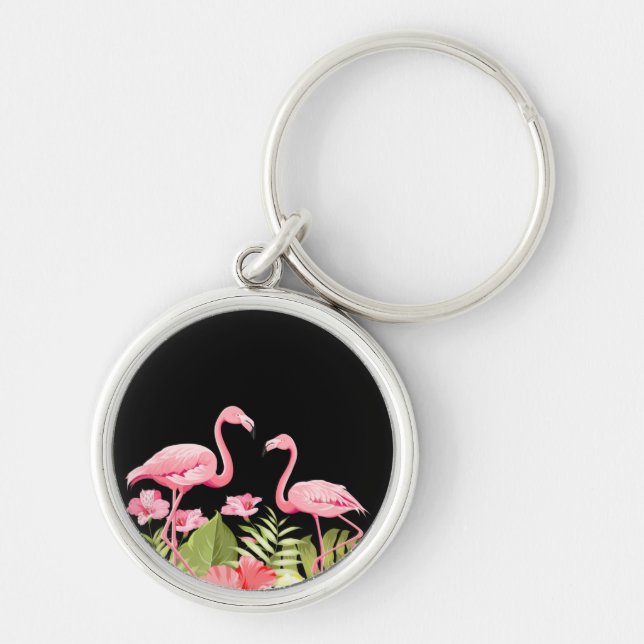 Tropiska blommor och flamingodesign rund silverfärgad nyckelring (Framsidan)
