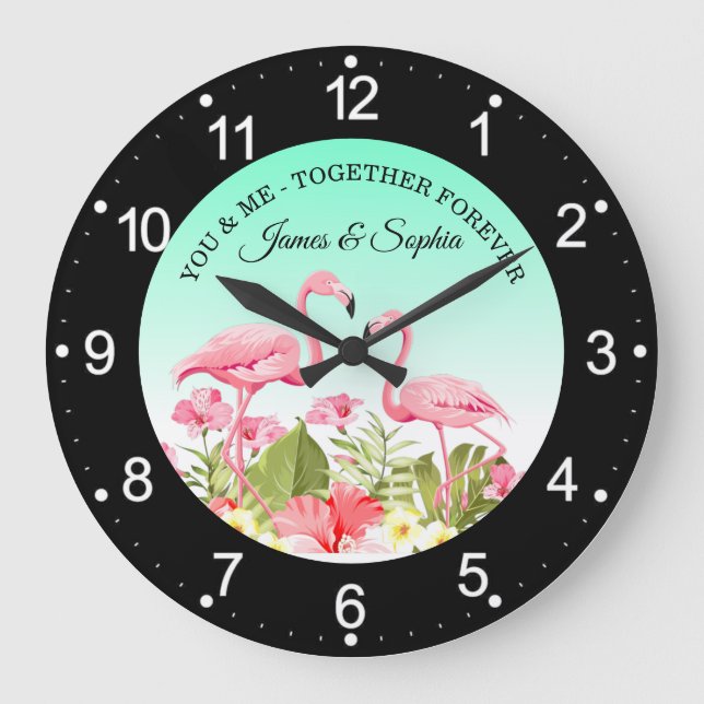 Tropiska blommor och flamingodesign stor klocka (Framsida)