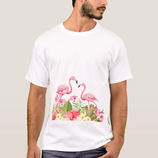 Tropiska blommor och flamingodesign t shirt (Framsida)