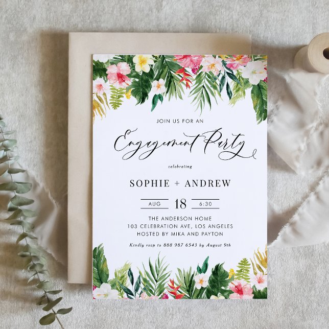 Tropiska blommor och Förlovningsfest i Grekland Inbjudningar (Watercolor Tropical Flowers and Greenery Engagement Party Invitation)