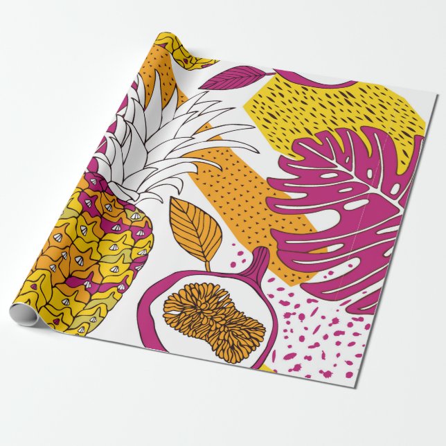 Tropiska blommor och frukter,klartext exotisk presentpapper (Utrullad)