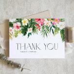 Tropiska blommor och Greenery Summer Bröllop Tack Kort<br><div class="desc">Skicka tack med det här anpassadet,  tack till bröllop-kortet. Den har en vattenfärgsgarland av plumeria,  hibiscus,  handflatan löv och andra tropiska grönområden och blommor. Anpassa genom att lägga till information. Det här tropiska tackkortet är perfekt för sommar-bröllop,  babyduschar,  studenten,  födelsedagar med mera. Matchande objekt är tillgängliga.</div>