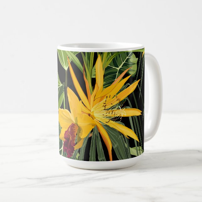 Tropiska blommor och handflatan lämnar i sommartry kaffemugg (Framsida höger)