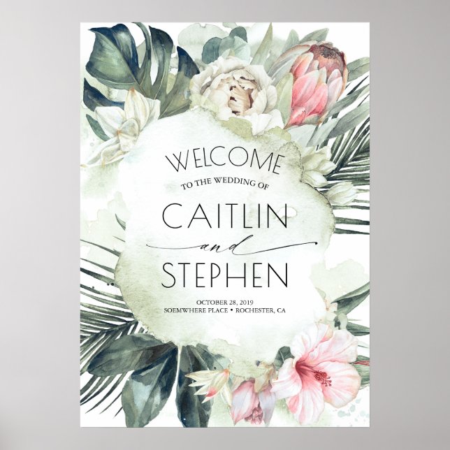 Tropiska blommor och Handflatan Löv Beach Wedding Poster (Framsidan)