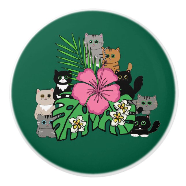 Tropiska blommor och Kawaii Cats Ceramic pull Knopp (Framsidan)
