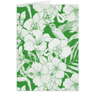 Tropiska blommor och kolibri i grönt  hälsningskort