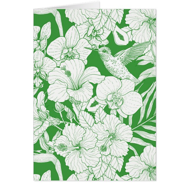 Tropiska blommor och kolibri i grönt  hälsningskort (Framsidan)