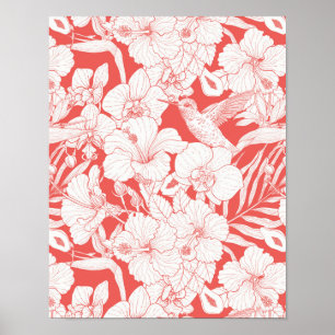 Tropiska blommor och kolibri i korall och avskalad poster
