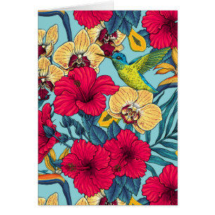 Tropiska blommor och kolibri - Sommarbotanica Hälsningskort