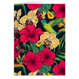 Tropiska blommor och kolibri - Sommarbotanica Hälsningskort