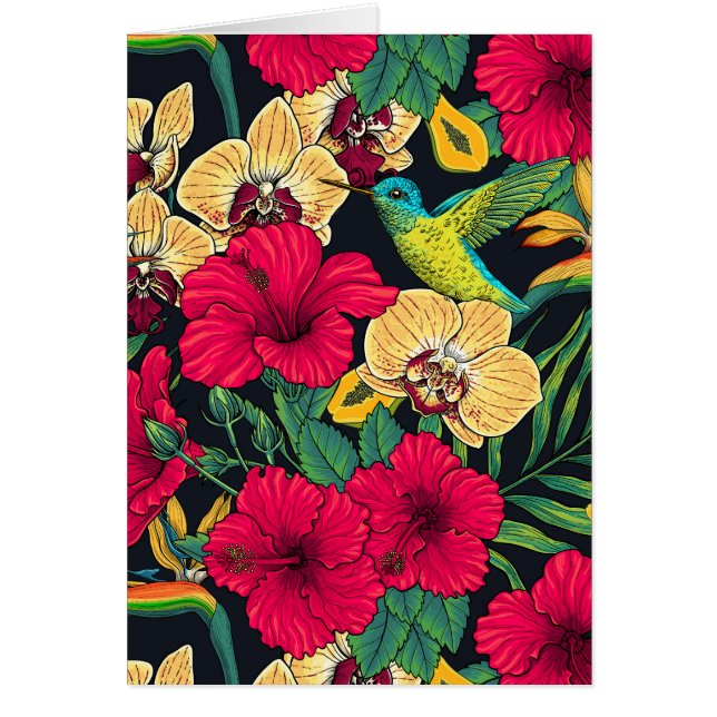 Tropiska blommor och kolibri - Sommarbotanica Hälsningskort (Framsidan)