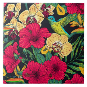 Tropiska blommor och kolibri - Sommarbotanica Kakelplatta