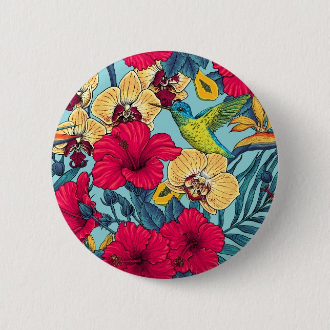 Tropiska blommor och kolibri - Sommarbotanica Knapp (Framsida)