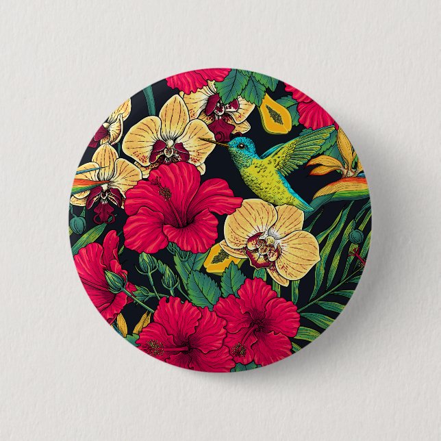 Tropiska blommor och kolibri - Sommarbotanica Knapp (Framsida)
