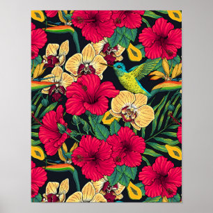 Tropiska blommor och kolibri - Sommarbotanica Poster