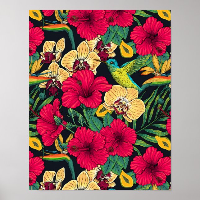 Tropiska blommor och kolibri - Sommarbotanica Poster (Framsidan)