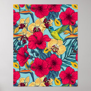 Tropiska blommor och kolibri - Sommarbotanica Poster
