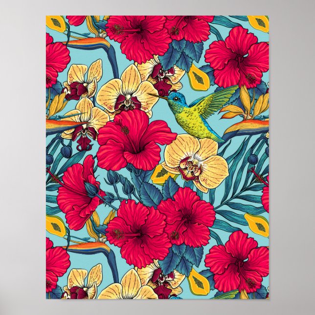 Tropiska blommor och kolibri - Sommarbotanica Poster (Framsidan)