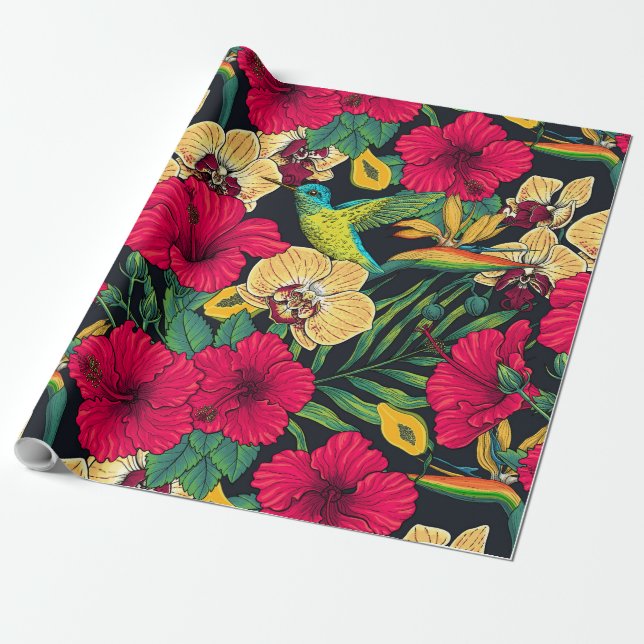 Tropiska blommor och kolibri - Sommarbotanica Presentpapper (Utrullad)