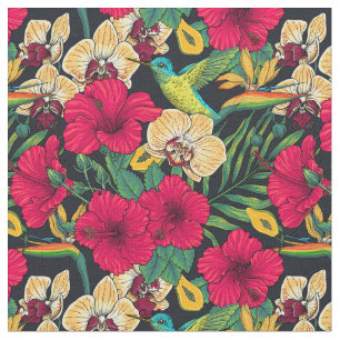 Tropiska blommor och kolibri - Sommarbotanica Tyg
