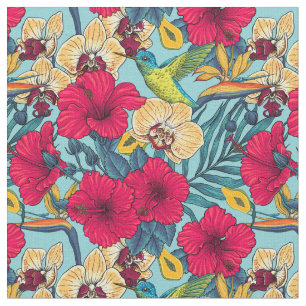 Tropiska blommor och kolibri - Sommarbotanica Tyg