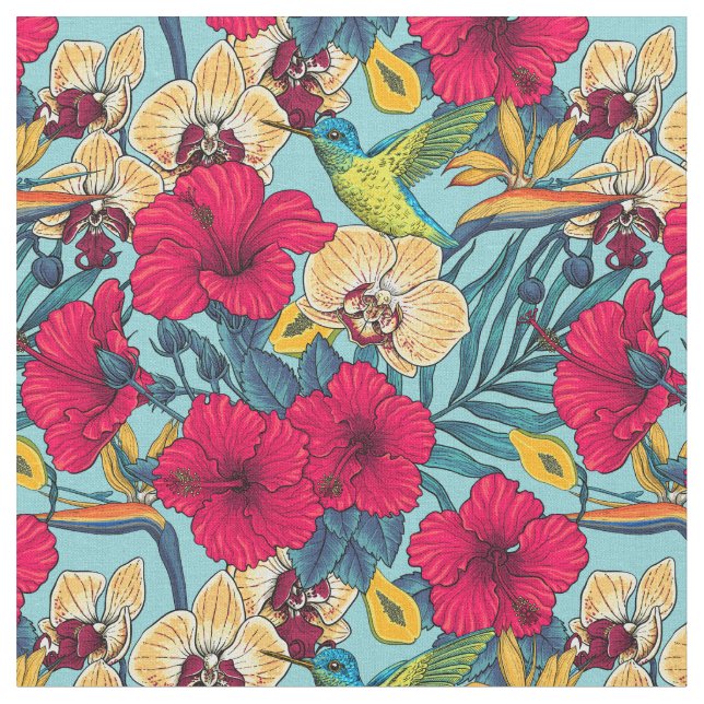 Tropiska blommor och kolibri - Sommarbotanica Tyg (Närbild)