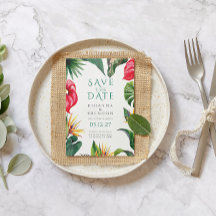 Tropiska blommor och Löv Bröllop spara datum