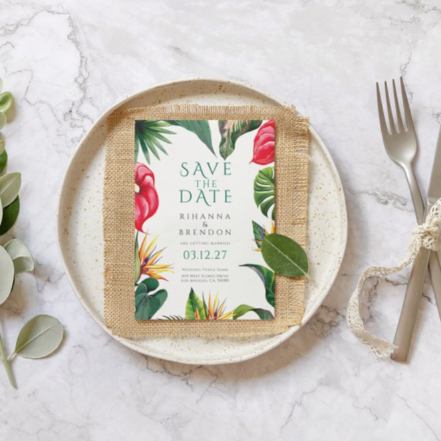 Tropiska blommor och Löv Bröllop spara datum Inbjudningar (Skapare uppladdad)