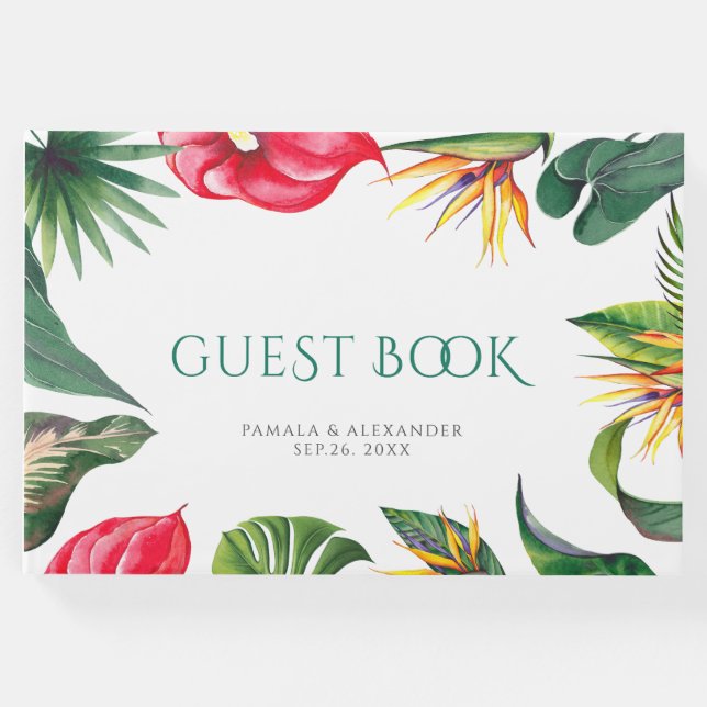 Tropiska blommor och Löv Elegant bröllop Gästböcker (Framsida)