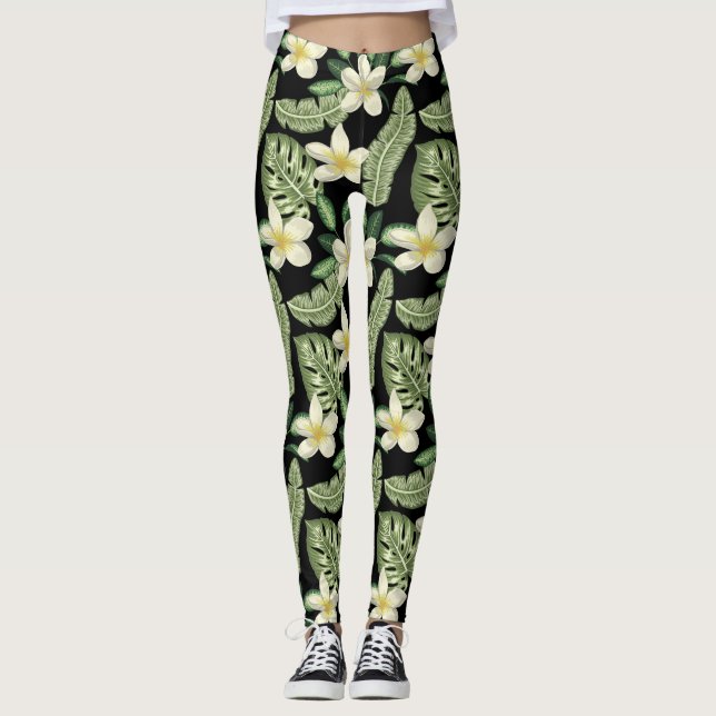 Tropiska blommor och löv i blommigt mönster leggings (Framsida)