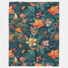 Tropiska blommor och Löv med fjärilar Fleecefilt